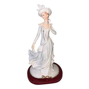 Vintage Victorian Woman in Elegant White Dress & Hat Matte Ceramic Figurine
